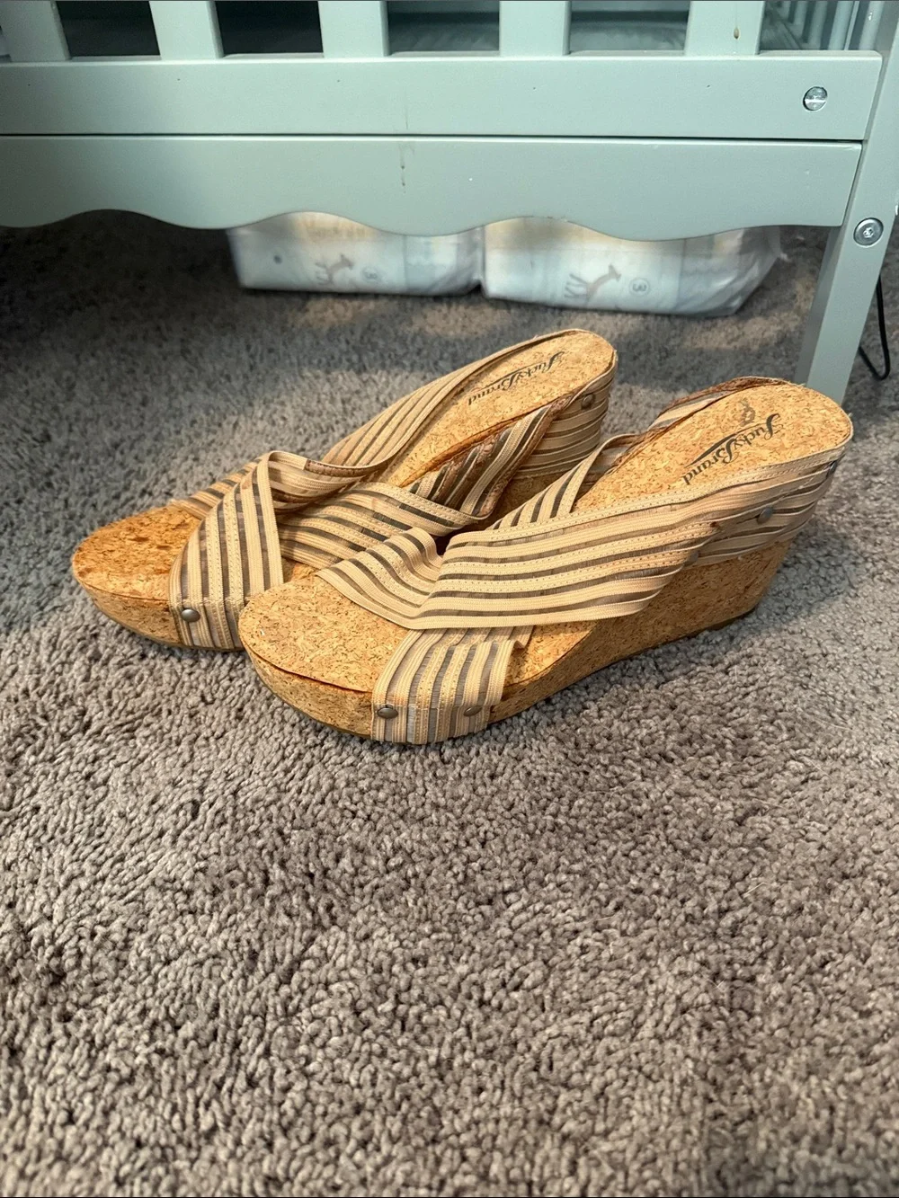 Lucky Brand Striped Tan and Cream Cork Wedge Sandals